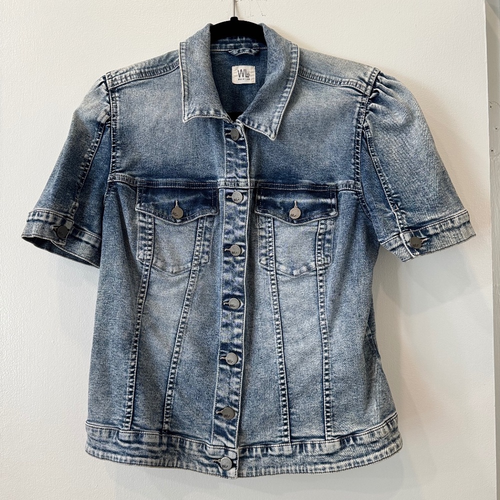 Wash Lab Petal Blue Denim Jacket Short Puff Sleeve Cropped Button Women's M